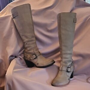 Born Shaylee Greyish Taupe Tall Leather Heeled Boots with Buckle Size 7.5M